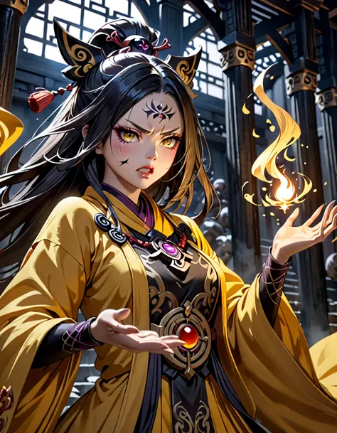 a female onmyoji in a mysterious yellow robe, intricate black amulet, casting a spell, angry expression, detailed facial feature...