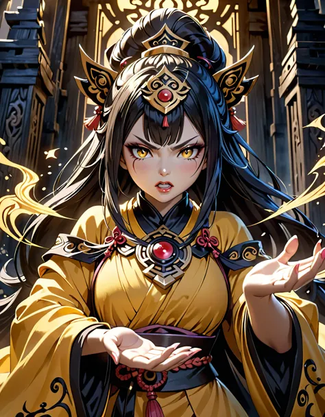 a female onmyoji in a mysterious yellow robe, intricate black amulet, casting a spell, angry expression, detailed facial feature...