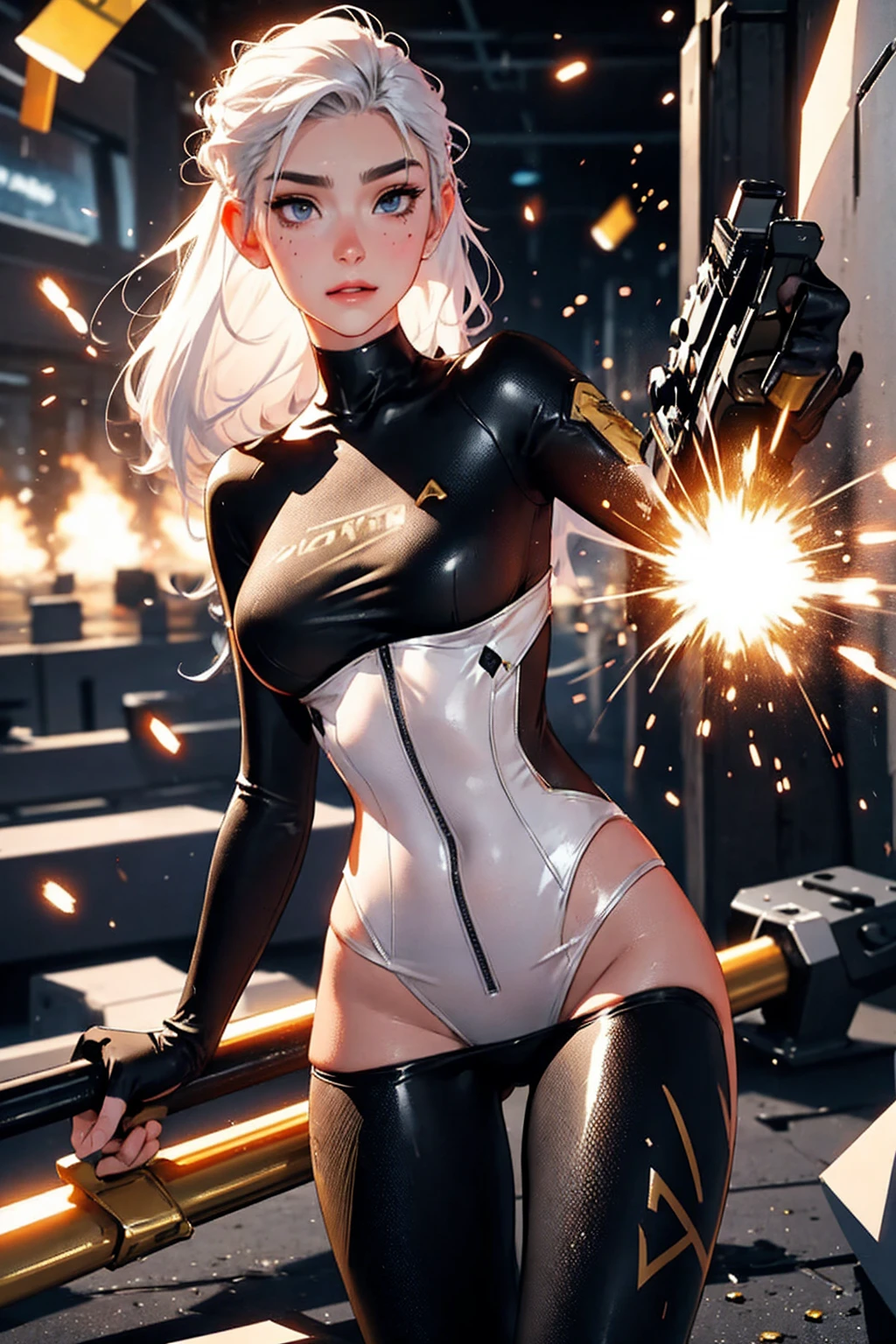 photorealistic, high resolution, 1 women, solo, hips_up, hips up, beautiful eyes,dark makeup, influencer, thot, blush,  look at viewer, close lips, detailed face, white hair, long hair,, , (black and gold bodysuit, futuristic), shiny skin, wet skin, slender body, dark makeup, abs, slender, hair pushed back in front, slim body, tsunami hair, (firing,bullet,gun,light particles)
