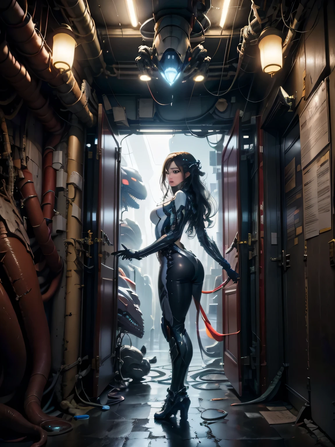 [image MUST include girl and Xenomorph in a sexual embrace!!!] very alluring curvy Italian woman, open legs, random sexual pose, doggie style, reclined, wearing black tight spacesuit, spacesuit has red trim and zippers, leather and latex, steampunk control panel, dark room with retro spaceship lighting, control panels, view to outer space through window, slivers of light through mist and steam of spaceship, Viele Details, extremely realistic. good quality, 8k, inside the space ship freighter Nostromo, cathedral lighting, seducing an Alien from the Alien films) Xenomorph, girl yanking on xenomorph sex organ, Xenomorph spurting semen like white fluid from a long alien appendage all over her latex spacesuit, scene from an Italian science fiction movie, classic Italian porn vibe, sucking off Xenomorph, Mario Bava aesthetic. 1960's vibe. thick black vintage eyeshadow. long eyelash extensions, petite slim body, long skinny legs, wavy full hair, wearing black leather spacesuit, black shiny stockings. , Italian erotic horror Fumetti, night photo, lurid vivid colors, studio lighting, sexy body, leather, velvet, lace,, Mario Bava style, [image MUST include girl and Xenomorph in a sexual embrace!!!] sucking penis of alien xenomorph