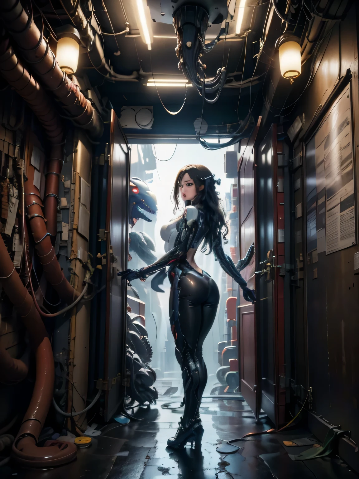 [image MUST include girl and Xenomorph in a sexual embrace!!!] very alluring curvy Italian woman, open legs, random sexual pose, doggie style, reclined, wearing black tight spacesuit, spacesuit has red trim and zippers, leather and latex, steampunk control panel, dark room with retro spaceship lighting, control panels, view to outer space through window, slivers of light through mist and steam of spaceship, Viele Details, extremely realistic. good quality, 8k, inside the space ship freighter Nostromo, cathedral lighting, seducing an Alien from the Alien films) Xenomorph, girl yanking on xenomorph sex organ, Xenomorph spurting semen like white fluid from a long alien appendage all over her latex spacesuit, scene from an Italian science fiction movie, classic Italian porn vibe, sucking off Xenomorph, Mario Bava aesthetic. 1960's vibe. thick black vintage eyeshadow. long eyelash extensions, petite slim body, long skinny legs, wavy full hair, wearing black leather spacesuit, black shiny stockings. , Italian erotic horror Fumetti, night photo, lurid vivid colors, studio lighting, sexy body, leather, velvet, lace,, Mario Bava style, [image MUST include girl and Xenomorph in a sexual embrace!!!] sucking penis of alien xenomorph