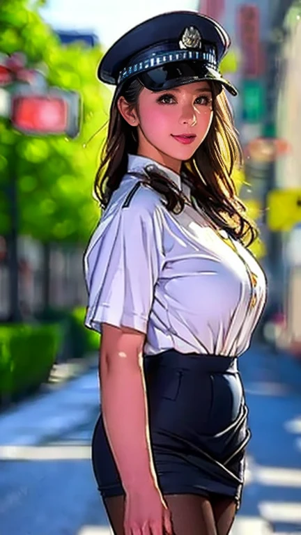 (masterpiece:1.2, Best Quality), (Realistic, photoRealistic:1.4),Beautiful illustrations,(Natural side lighting, Cinema Lighting),1 female,Japanese,Mature Woman,Female police officer on patrol,4,Perfect Face, Symmetrical face, Shiny skin,Random Hairstyles,Big eyes,Sexy Eyes,(smile),(whole body),break((Police uniform)),(Police hat),((A tight mini skirt made from very thin fabric)),(Police Pantyhose),(The background is a street corner:1.5),(((Background Blur:1.5))),((Police uniform)),break(((Front:1.5))),(Model pose),(Beautiful female hands),(Detailed drawing of Pantyhose),(Pantyhose)