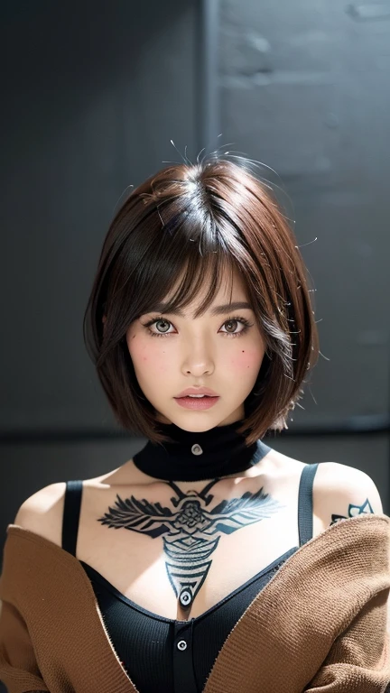 (((Face close-up)))、(((Brown Shortcut)))、(((Tattoo on chest))),(((She is posing like a model at a hair salon., Indoors, against a black wall.)))、(((Casual black winter long sleeve open chest)))、Japanese, 1 girl、Standing Alone、I&#39;m looking forward to it、Light eye makeup、Brown Hair Color、Flat 、Hair blowing in the wind、Quality of actress、Shiny, Surreal Face、smile、Teary-eyed、look up、Subtle lighting effects、 Ultra-Realistic Capture、Very detailed、High resolution 16K human skin closeup。Skin texture must be natural、The detail must be such that the pores are clearly visible.、The skin is healthy、Even Tone、Use natural light and color、Worn out, High quality photos taken by modeling agencies&#39;In-house photographer.、smile、(((Sigma 300mm F/1.4,1/1000 second shutter,ISO 400))) 