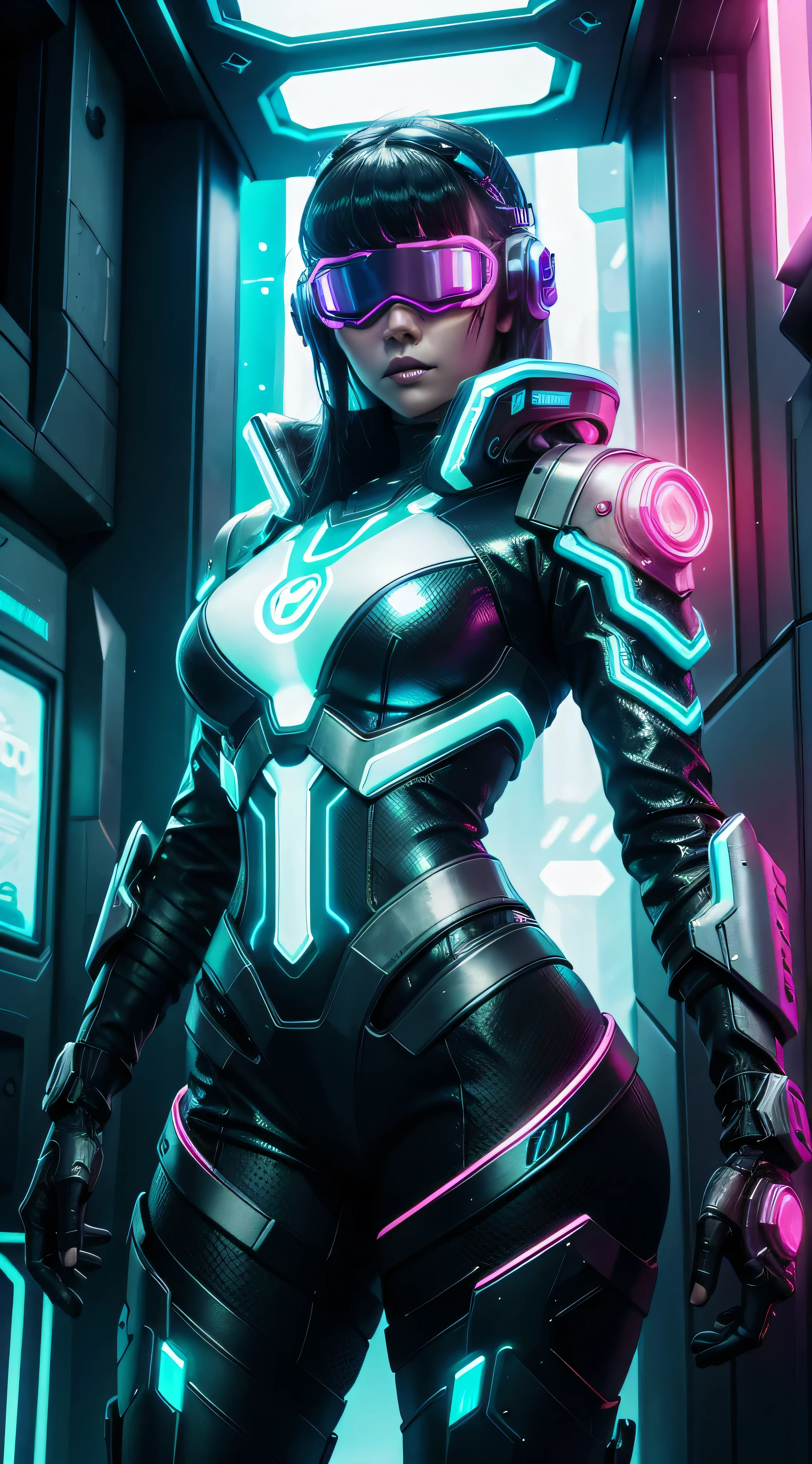 Beautiful cyberpunk girl in bikini armor, using a head-mounted display, In a futuristic city, luz verde, Hologramas, futuristic background, detalhes intrincados, Deusa Neonbeauty, sensual, atraente, SEX, Cybernoir,