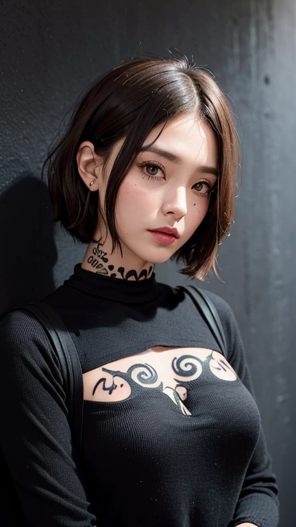 (((Face close-up)))、(((Brown Shortcut)))、(((Tattoo on chest))),(((She is posing like a model at a hair salon., Indoors, against a black wall.)))、(((Casual black winter long sleeve open chest)))、Japanese, 1 girl、Standing Alone、I&#39;m looking forward to it、Light eye makeup、Brown Hair Color、Flat 、Hair blowing in the wind、Quality of actress、Shiny, Surreal Face、smile、Teary-eyed、look up、Subtle lighting effects、 Ultra-Realistic Capture、Very detailed、High resolution 16K human skin closeup。Skin texture must be natural、The detail must be such that the pores are clearly visible.、The skin is healthy、Even Tone、Use natural light and color、Worn out, High quality photos taken by modeling agencies&#39;In-house photographer.、smile、(((Sigma 300mm F/1.4,1/1000 second shutter,ISO 400))) 