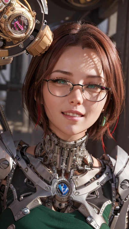 portrait, close-up, Upper body. Short, red hair, green eyes, glasses with metal frames, green shirt, cheerful smile, happy girl . (masterpiece, top quality, best quality, official art, beautiful and aesthetically pleasing:1.2), extremely detailed,(fractal art:1.2),Colorful,The most detailed, (dynamic pose), (mechanical watch background:1.5), (many numbers:1.4). ((SPLIT. elegance. photorealism. unreal engine. 3D model. Ultra high quality textures. high detail. permission 8k))