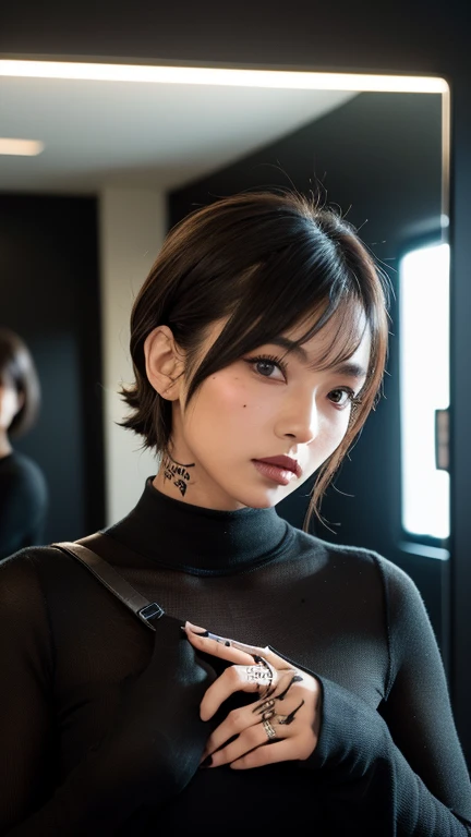 kenko,(((Face close-up)))、(((Brown Shortcut)))、(((Tattoo on chest))),(((She is posing like a model at a hair salon., Indoors, against a black wall.)))、(((Casual black winter long sleeve open chest)))、Japanese, 1 girl、Standing Alone、I&#39;m looking forward to it、Light eye makeup、Brown Hair Color、Flat 、Hair blowing in the wind、Quality of actress、Shiny, Surreal Face、smile、Teary-eyed、look up、Subtle lighting effects、 Ultra-Realistic Capture、Very detailed、High resolution 16K human skin closeup。Skin texture must be natural、The detail must be such that the pores are clearly visible.、The skin is healthy、Even Tone、Use natural light and color、Worn out, High quality photos taken by modeling agencies&#39;In-house photographer.、smile、(((Sigma 300mm F/1.4,1/1000 second shutter,ISO 400))) 