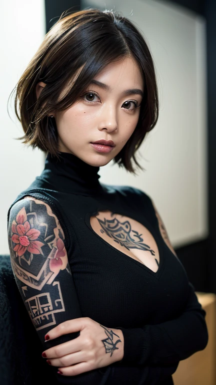 kenko,(((Face close-up)))、(((Brown Shortcut)))、(((Tattoo on chest))),(((She is posing like a model at a hair salon., Indoors, against a black wall.)))、(((Casual black winter long sleeve open chest)))、Japanese, 1 girl、Standing Alone、I&#39;m looking forward to it、Light eye makeup、Brown Hair Color、Flat 、Hair blowing in the wind、Quality of actress、Shiny, Surreal Face、smile、Teary-eyed、look up、Subtle lighting effects、 Ultra-Realistic Capture、Very detailed、High resolution 16K human skin closeup。Skin texture must be natural、The detail must be such that the pores are clearly visible.、The skin is healthy、Even Tone、Use natural light and color、Worn out, High quality photos taken by modeling agencies&#39;In-house photographer.、smile、(((Sigma 300mm F/1.4,1/1000 second shutter,ISO 400))) 