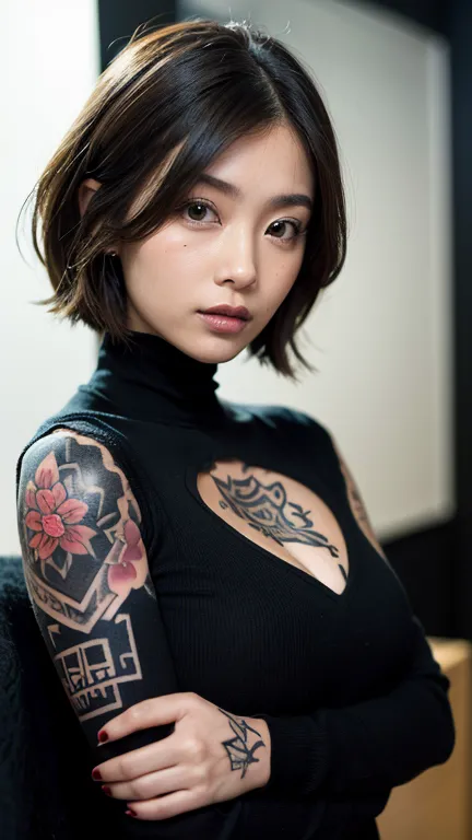 kenko,(((face close-up)))、(((brown shortcut)))、(((tattoo on chest))),(((she is posing like a model at a hair salon., indoors, ag...