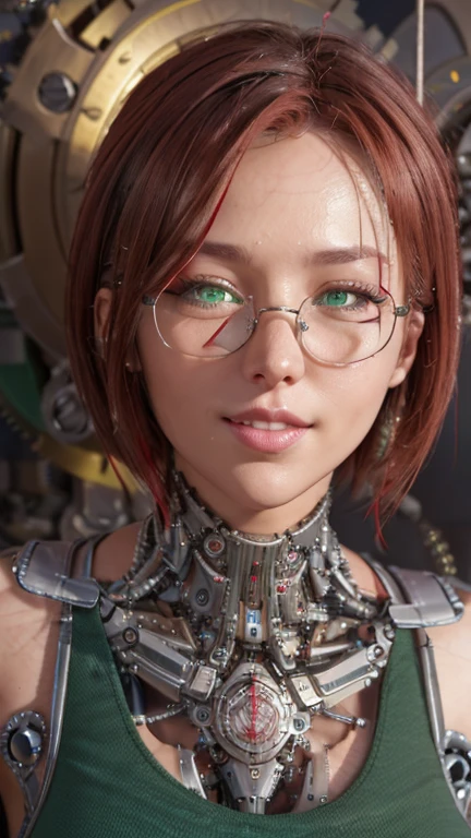 portrait, close-up, Upper body. Short, red hair, green eyes, glasses with metal frames, green shirt, cheerful smile, happy girl . (masterpiece, top quality, best quality, official art, beautiful and aesthetically pleasing:1.2), extremely detailed,(fractal art:1.2),Colorful,The most detailed, (dynamic pose), (mechanical watch background:1.5), (many numbers:1.4). ((SPLIT. elegance. photorealism. unreal engine. 3D model. Ultra high quality textures. high detail. permission 8k))