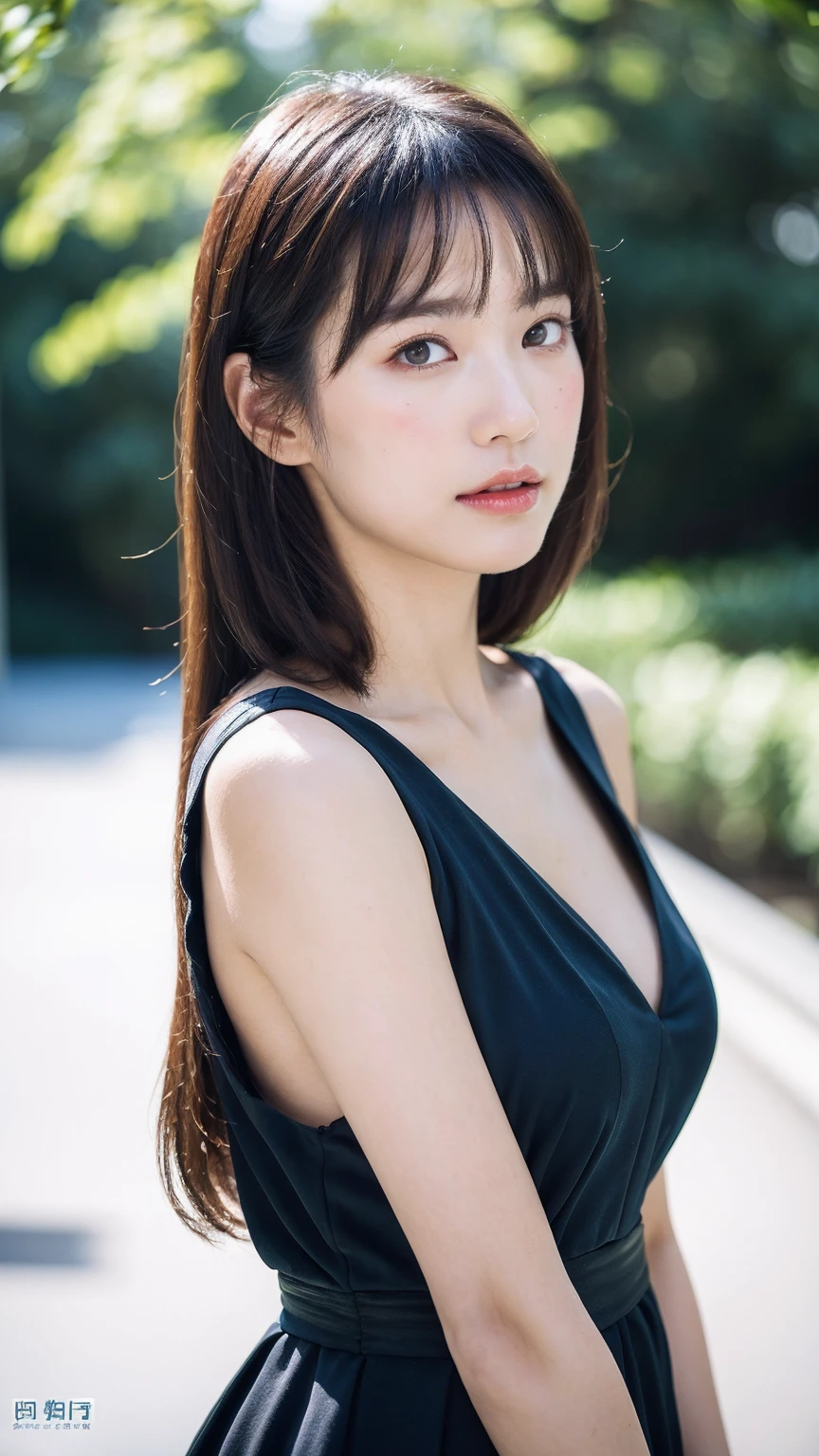 ((Best quality, 8k, masterpiece:1.3))，1girl，1，Asian，Real texture:1.3，(Background blur:1.3)，Dress，Beautiful breasts，Thin waist，shopping mall，Tall and slender figure:1.2，(Hot summer weather)，Highly detailed face and skin textures，Exquisite eyes，Long eyelashes，Double eyelids，Skin Whitening，happy