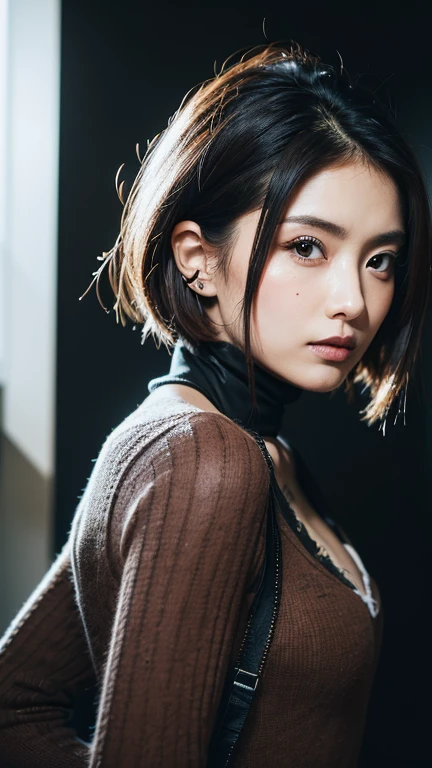 kenko,then,(((Face close-up)))、(((Brown Shortcut)))、(((Tattoo on chest))),(((She is posing like a model at a hair salon., Indoors, against a black wall.)))、(((Casual black winter long sleeve open chest)))、Japanese, 1 girl、Standing Alone、I&#39;m looking forward to it、Light eye makeup、Brown Hair Color、Flat 、Hair blowing in the wind、Quality of actress、Shiny, Surreal Face、smile、Teary-eyed、look up、Subtle lighting effects、 Ultra-Realistic Capture、Very detailed、High resolution 16K human skin closeup。Skin texture must be natural、The detail must be such that the pores are clearly visible.、The skin is healthy、Even Tone、Use natural light and color、Worn out, High quality photos taken by modeling agencies&#39;In-house photographer.、smile、(((Sigma 300mm F/1.4,1/1000 second shutter,ISO 400))) 