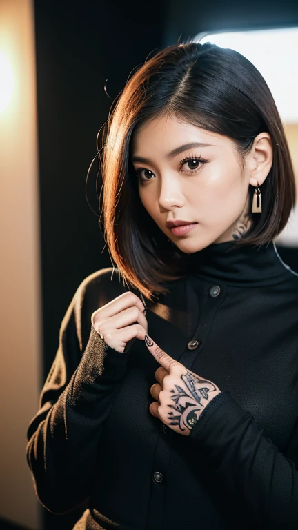 kenko,then,(((Face close-up)))、(((Brown Shortcut)))、(((Tattoo on chest))),(((She is posing like a model at a hair salon., Indoors, against a black wall.)))、(((Casual black winter long sleeve open chest)))、Japanese, 1 girl、Standing Alone、I&#39;m looking forward to it、Light eye makeup、Brown Hair Color、Flat 、Hair blowing in the wind、Quality of actress、Shiny, Surreal Face、smile、Teary-eyed、look up、Subtle lighting effects、 Ultra-Realistic Capture、Very detailed、High resolution 16K human skin closeup。Skin texture must be natural、The detail must be such that the pores are clearly visible.、The skin is healthy、Even Tone、Use natural light and color、Worn out, High quality photos taken by modeling agencies&#39;In-house photographer.、smile、(((Sigma 300mm F/1.4,1/1000 second shutter,ISO 400))) 