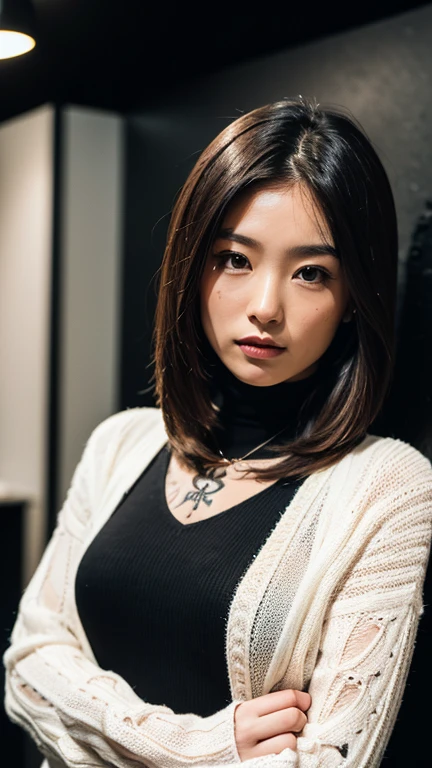 kenko,then,(((Face close-up)))、(((Brown Shortcut)))、(((Tattoo on chest))),(((She is posing like a model at a hair salon., Indoors, against a black wall.)))、(((Casual black winter long sleeve open chest)))、Japanese, 1 girl、Standing Alone、I&#39;m looking forward to it、Light eye makeup、Brown Hair Color、Flat 、Hair blowing in the wind、Quality of actress、Shiny, Surreal Face、smile、Teary-eyed、look up、Subtle lighting effects、 Ultra-Realistic Capture、Very detailed、High resolution 16K human skin closeup。Skin texture must be natural、The detail must be such that the pores are clearly visible.、The skin is healthy、Even Tone、Use natural light and color、Worn out, High quality photos taken by modeling agencies&#39;In-house photographer.、smile、(((Sigma 300mm F/1.4,1/1000 second shutter,ISO 400))) 