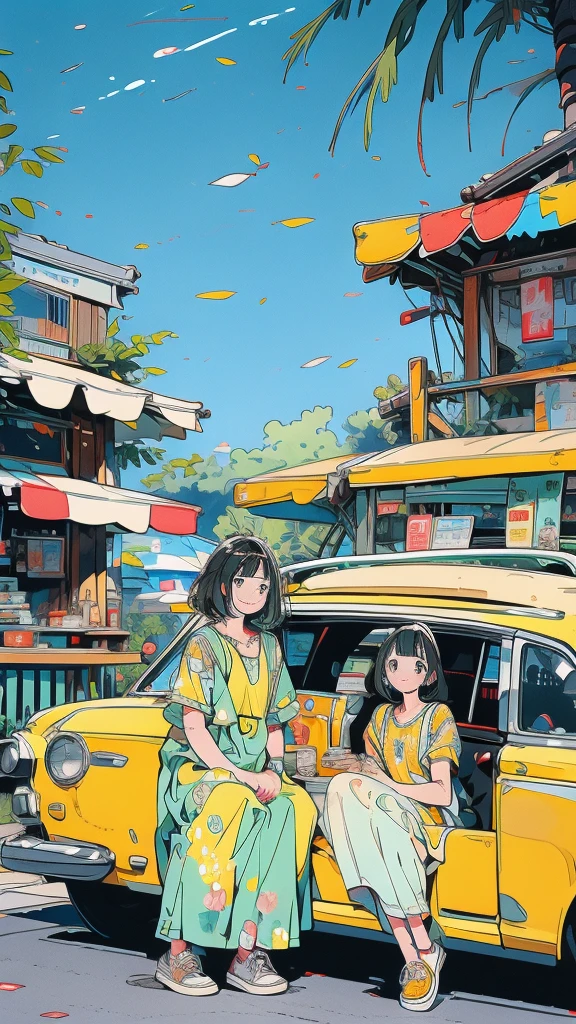 In front of a bright yellow minicar parked in a small parking lot、A scene where a young couple is having fun。Men and women in their 20s dressed casually、The man is wearing a white T-shirt and denim jeans.、The woman is wearing a floral dress。The man has short black hair、She has a gentle smile。Women with long black hair、Her smile is shining、I put my hand on his shoulder。Blue sky and green trees around々Spread、There is a pleasant atmosphere on a sunny day.。Picnic items can be seen from the car window.、It shows the scene of stopping off during a drive.。Drinks and snacks lined up on the hood of the car、They both look at each other while relaxing、Sharing a good time。