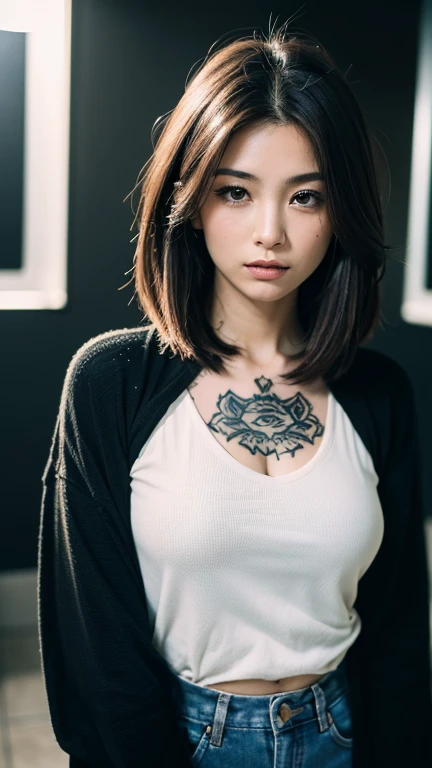 kenko,then,(((Face close-up)))、(((Brown Shortcut)))、(((Tattoo on chest))),(((She is posing like a model at a hair salon., Indoors, against a black wall.)))、(((Casual black winter long sleeve open chest)))、Japanese, 1 girl、Standing Alone、I&#39;m looking forward to it、Light eye makeup、Brown Hair Color、Flat 、Hair blowing in the wind、Quality of actress、Shiny, Surreal Face、smile、Teary-eyed、look up、Subtle lighting effects、 Ultra-Realistic Capture、Very detailed、High resolution 16K human skin closeup。Skin texture must be natural、The detail must be such that the pores are clearly visible.、The skin is healthy、Even Tone、Use natural light and color、Worn out, High quality photos taken by modeling agencies&#39;In-house photographer.、smile、(((Sigma 300mm F/1.4,1/1000 second shutter,ISO 400))) 