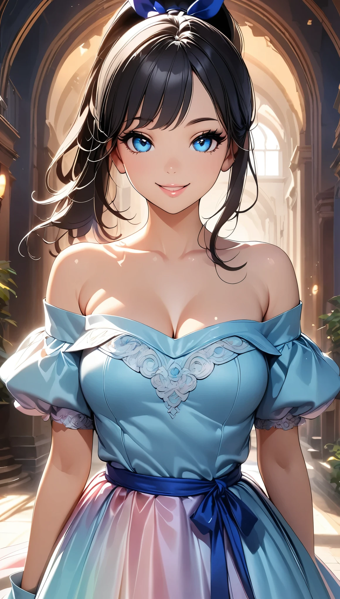 ((1 Female, Black Hair, ponytail, Blue ribbon, Sheer_Off-the-shoulder dress, Split cuffs, Beautiful décolletage)), Intricate details, Very detailed, 8k, (Beautiful CG illustrations, Anime Style:1.2), Photorealistic, ((A cheerful smile, Detailed face, Beautiful Eyes,  Detailed lips, Long eyelashes)), Porcelain Skin, Complicated Dress, Shiny fabric, Soft lighting, Pastel colors, Dreamy, Whimsical, Magical realism, 