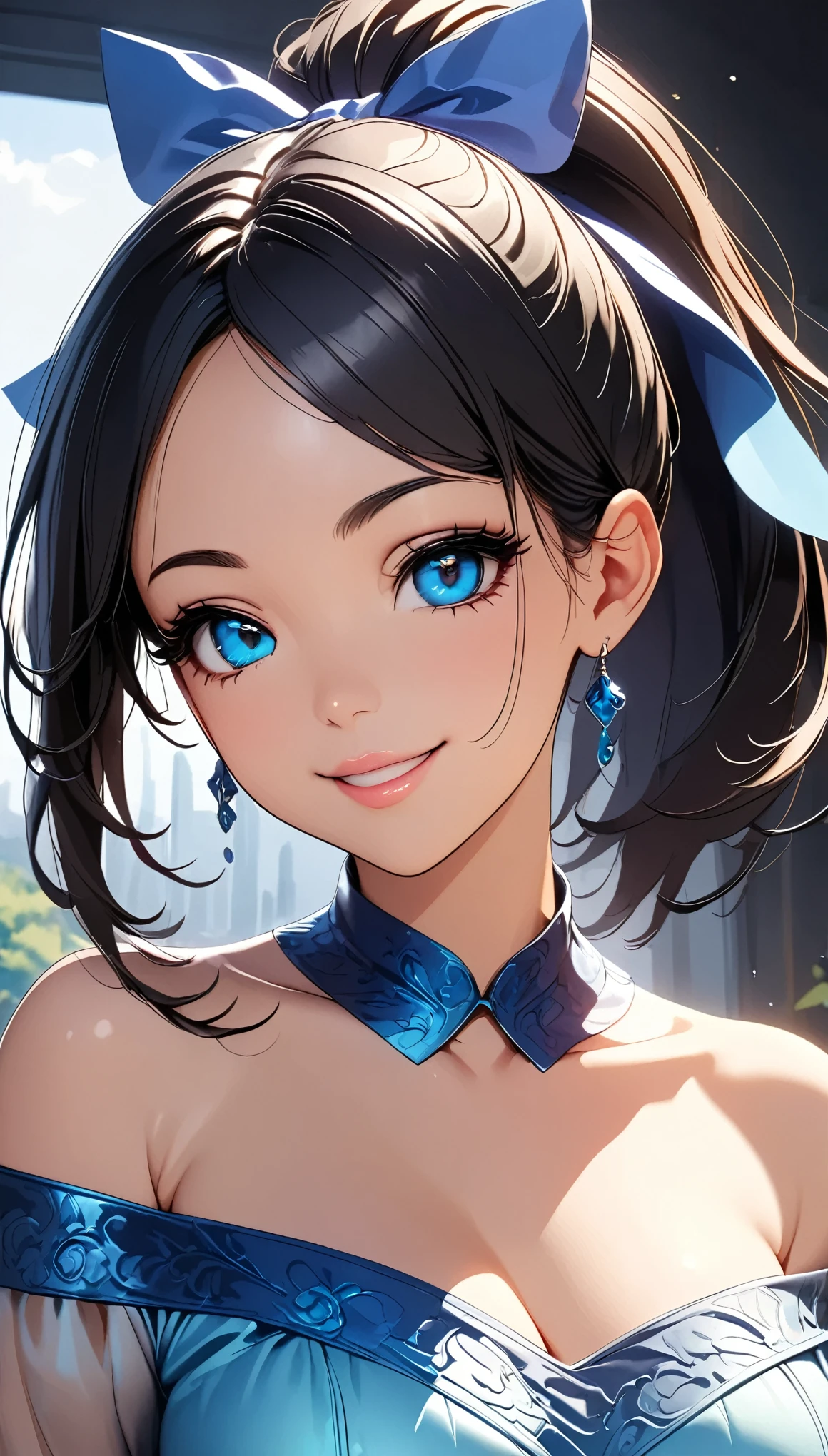 ((1 Female, Black Hair, ponytail, Blue ribbon, Sheer_Off-the-shoulder dress, Split cuffs, Beautiful décolletage)), Intricate details, Very detailed, 8k, (Beautiful CG illustrations, Anime Style:1.2), Photorealistic, ((A cheerful smile, Detailed face, Beautiful Eyes,  Detailed lips, Long eyelashes)), Porcelain Skin, Complicated Dress, Shiny fabric, Soft lighting, Pastel colors, Dreamy, Whimsical, Magical realism, 