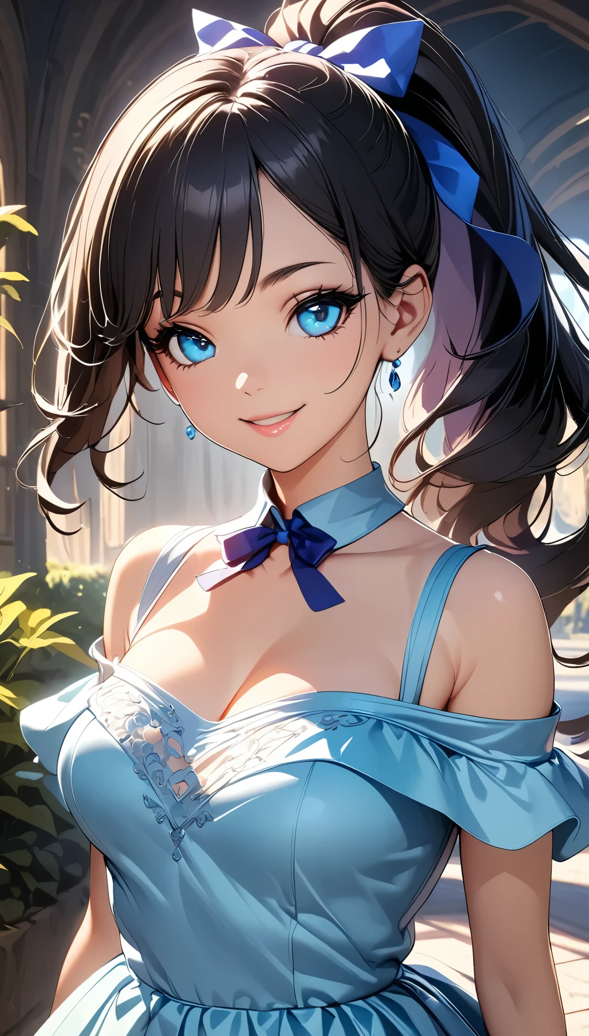 ((1 Female, Black Hair, ponytail, Blue ribbon, Sheer_Off-the-shoulder dress, Split cuffs, Beautiful décolletage)), Intricate details, Very detailed, 8k, (Beautiful CG illustrations, Anime Style:1.2), Photorealistic, ((A cheerful smile, Detailed face, Beautiful Eyes,  Detailed lips, Long eyelashes)), Porcelain Skin, Complicated Dress, Shiny fabric, Soft lighting, Pastel colors, Dreamy, Whimsical, Magical realism, 