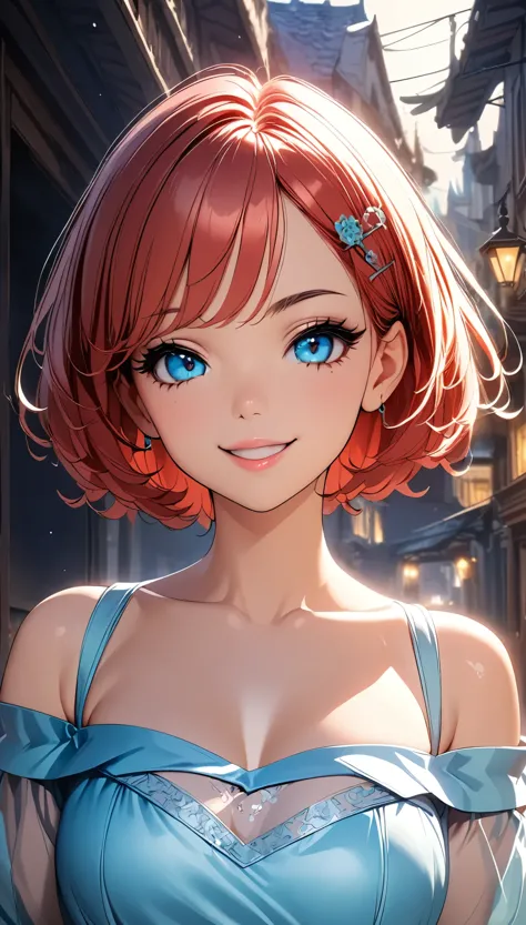 ((1 female, red hair, short hair, hairpin, sheer_off-the-shoulder dress, split cuffs, beautiful décolletage)), intricate details...