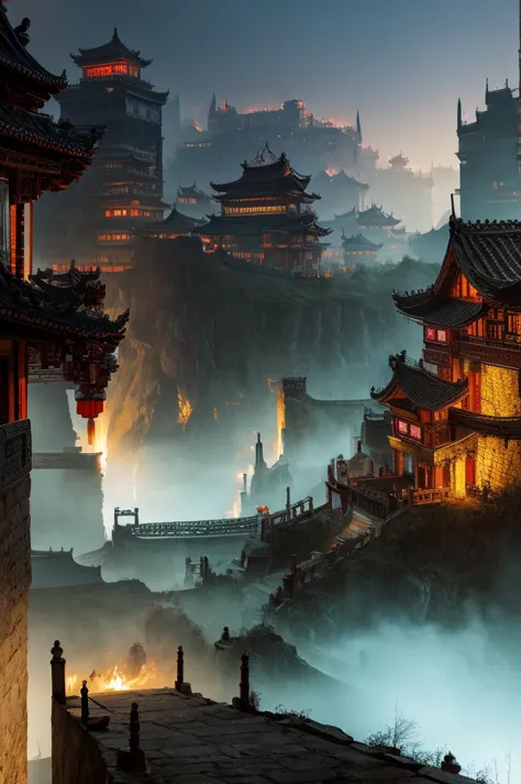 china,dark fantasy,best quality,city,middle ages,dark atmosphere,realistic,紫禁city,punk