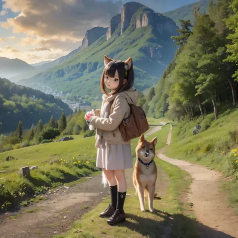 shiba inu girl rural scenery(((
a tall mountain)))