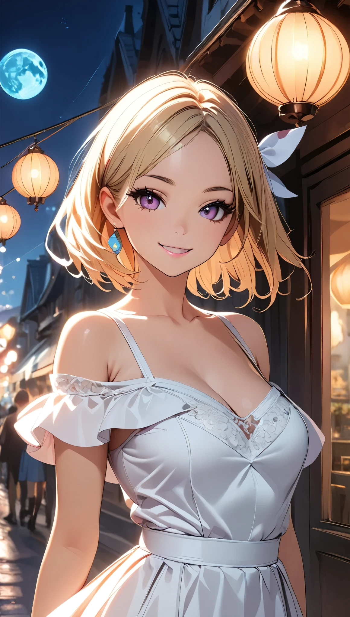 ((1 Female, Blonde, Bob with a Falling Front, Red hairpin, Sheer_Off-the-shoulder dress, Split cuffs, Beautiful décolletage)), Intricate details, Very detailed, 8k, (Beautiful CG illustrations, Anime Style:1.2), Photorealistic, ((A cheerful smile, Detailed face, Beautiful Eyes,  Detailed lips, Long eyelashes)), Porcelain Skin, Complicated Dress, Shiny fabric, Soft lighting, Dreamy, Whimsical, Magical realism, 