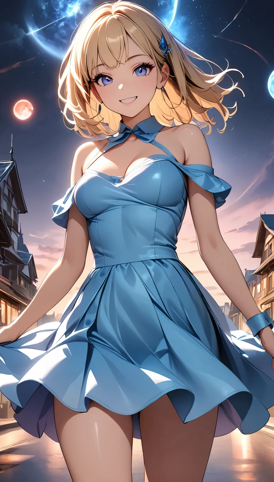 ((1 Female, Blonde, Bob with a Falling Front, Red hairpin, Sheer_Off-the-shoulder dress, Split cuffs, Beautiful décolletage)), Intricate details, Very detailed, 8k, (Beautiful CG illustrations, Anime Style:1.2), Photorealistic, ((A cheerful smile, Detailed face, Beautiful Eyes,  Detailed lips, Long eyelashes)), Porcelain Skin, Complicated Dress, Shiny fabric, Soft lighting, Dreamy, Whimsical, Magical realism, 