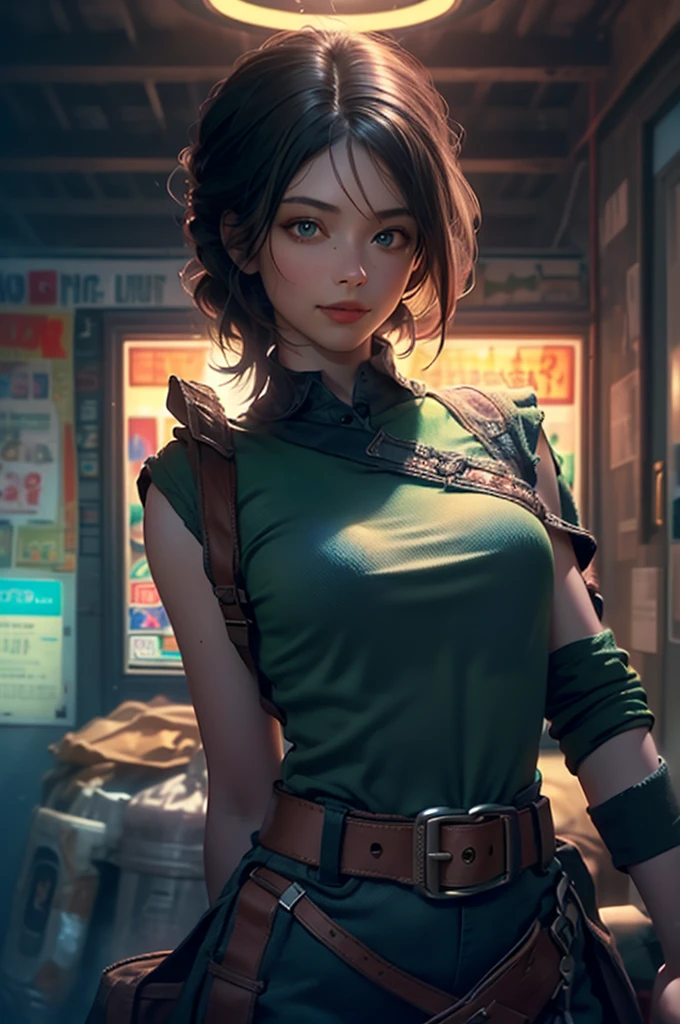 ((wide shot:1.6)), Unreal Engine:1.4, Ultra Realistic CG K, Photorealistic:1.4, Skin Texture:1.4, ((artwork 1 young woman full body:1.5)), ((black hair , green eyes, full lips and a sensual smile:1.5)), punk-style hairstyle with a shaved side:1.3, tattoos, Gatling gun, box, looking at viewer, dynamic pose, blows, ammunition belt, gloves, large breasts, Shooting, Extremely detailed:1.4, more detailed, optical mix, playful patterns, animated texture, unique visual effect, pink leather miniskirt, pink jacket, masterpiece, in the background an abandoned place with scrap metal, ((colors, cyan, green, pink, brown: 1.2)), ((8k realistic digital art.)), 32k