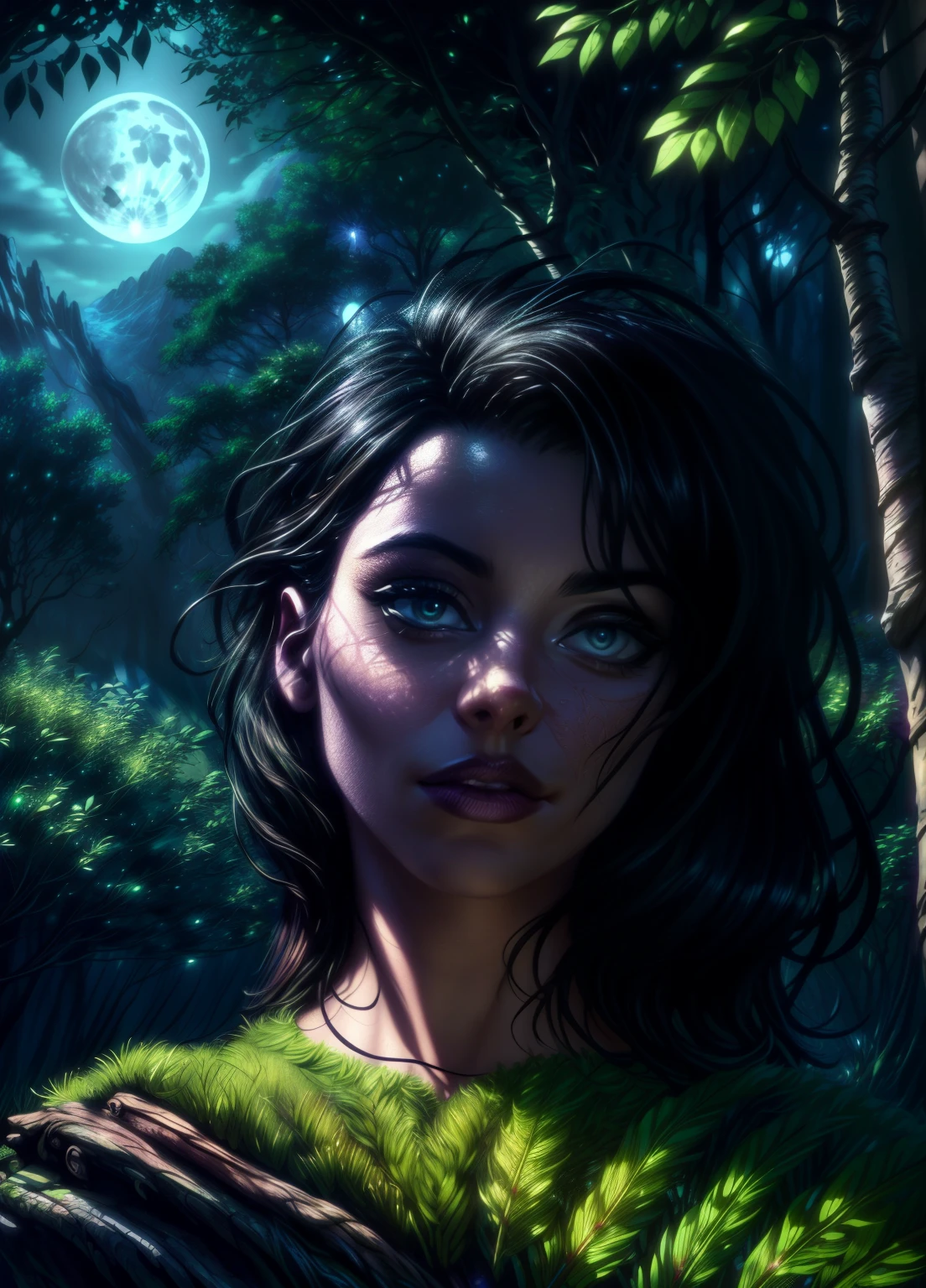 a magical enchanted forest, full moon rising from behind the hills, people wandering through the lush greenery, beautiful detailed eyes,beautiful detailed lips,extremely detailed eyes and face,longeyelashes, fantasy landscape, moody lighting, dramatic shadows, vibrant colors, intricate details, (best quality,4k,8k,highres,masterpiece:1.2),ultra-detailed,(realistic,photorealistic,photo-realistic:1.37),cinematic lighting,dramatic atmosphere,mystical,whimsical