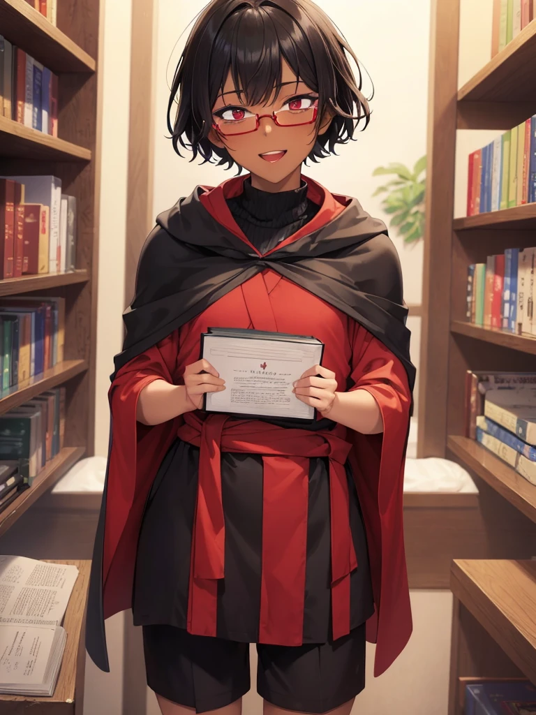 (masterpiece:1.2), highest quality, High resolution, unity 8k wallpaper, (fine and beautiful eyes), highly detailed face, Detailed CG,(boy wizard),(yukata),(blunt_bangs),,(evil smile),(black sleeveless turtleneck shirt in yukata), ,red bike shorts,(dark skin:1.3),neck tie,(very short hooded Cape),black hair,(red_eyes),glasses,very short hair,open mouth,library,(fantasy:1.5),have book,