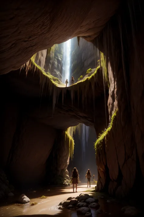 highly detailed, an ancient cave, two girls explore the cave, they have flashlights in their hands, shadows on the rock walls, m...