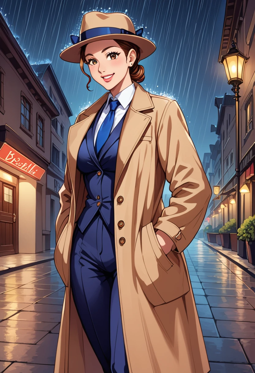 detailed illustration (side view),dynamic angle,ultra-detailed, illustration, pose for the camera, smiling at viewer, clean line art, shading, anime, 2020’s anime style, detailed eyes, detailed face, beautiful face standing on a sidewalk, Detective, trench coat, fedora hat, Johnny dollar inspired, Philip Marlow inspired, 1940’s, woman, in a suit a coat, night, rain, brown hair, hard boiled, female fatale vibes.