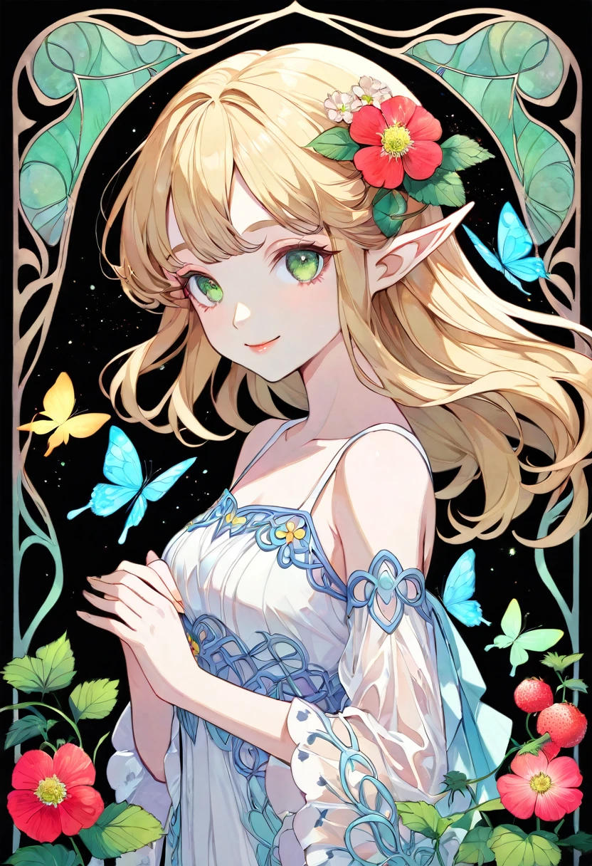 (art nouveau:1.25), Maximalism artstyle,neon theme,suprematism,beautiful detailed flower, beautiful detailed eyes,hyper detailed,flower,hyper quality,,eyes,flower and hair is same color,beautifuly color,face,her hair is becoming flower, flower,hair,flower,butterfly,,1girlkawaii,,high details, high quality,back light,hair and clothes is flower,upper body ,high quality,hair with body ,webbed dress, upper body, flower leg, flower hands,body with flower, flower with clothes , dress with flower, , light particles,black background, Hair with flower,small breast with flower,floating hair with flower,floating1girl,small breast, marbling with hair and clothes, looking at viewer,original,arm down, paper cutting, black background, flower forground, hair with flower,highres, hair with flower,hair with flower ,hair, wavy hair ,diffusion lighting, abstract,Butterfly with body, flower with hair, her hair is flower,big top sleeves, floating,pupils, [[hair over one eye]],dark SFW,masutepiece, Best Quality, High resolution, 1girl in, upper body, Details Girl, detail hands, Detail fingers, Detail Face, detail legs, 1girl in, elf, watercolor paiting, pale skin, Petite, Blonde hair, Long hair, Wavy Hair, Green eyes, tareme, medium breasts, white sundress, Bare back,flower wall panel background,looking at viewer,[[tears]],smile,queen bee,skylark,wild strawberries planted in a flowerpot,old hoe,old watering can