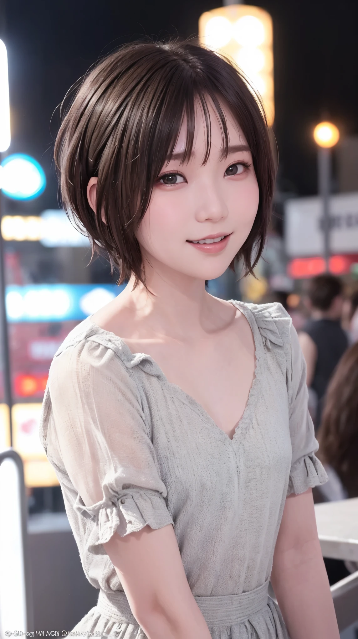 masterpiece, Best Quality, Highest quality, beautiful girl, Cute Face, 8k, Official Art, RAW Photos, When you go out in the city during the hot season, please wear cool clothes., (Asymmetrical Short Hair＋Short cut:1.3), Teen, Face Light, Film Grain, chromatic aberration, Sharp focus, Please give me your gaze, Very happy smile, Show me your little teeth, Dynamic Lighting, Cinema Lighting, ID photo, Photo of your face, Upward glance, Staring at the audience