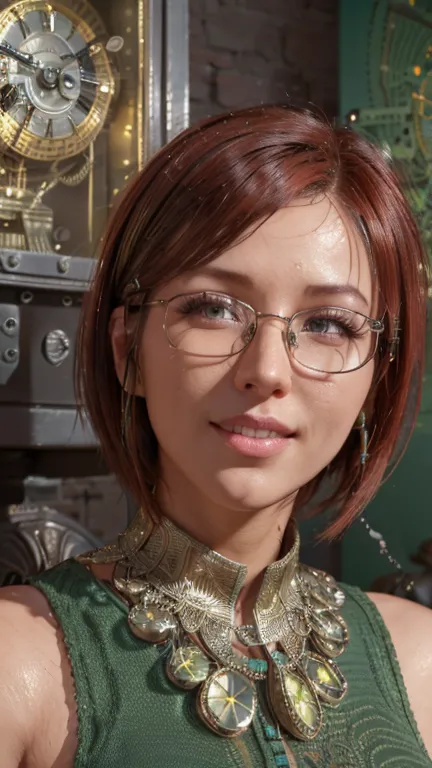 portrait, close-up, upper body. short, red hair, green eyes, glasses with metal frames, green shirt, cheerful smile, happy girl ...