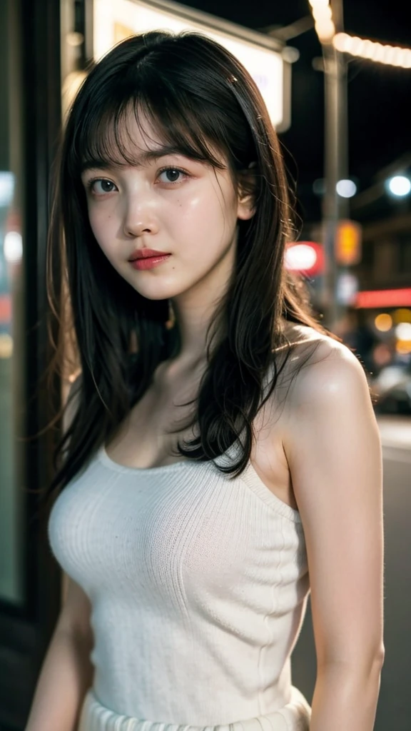 Single girl, summer, city, Osaka street, evening, city lights, medium body shot, close-up, 8k, RAW photo, highest quality, masterpiece, real, photorealistic, large breast:1.2, open shoulder, long hair, knit strap tanktop,((Looking at viewer)), High Resolution,Award Winning, Realism