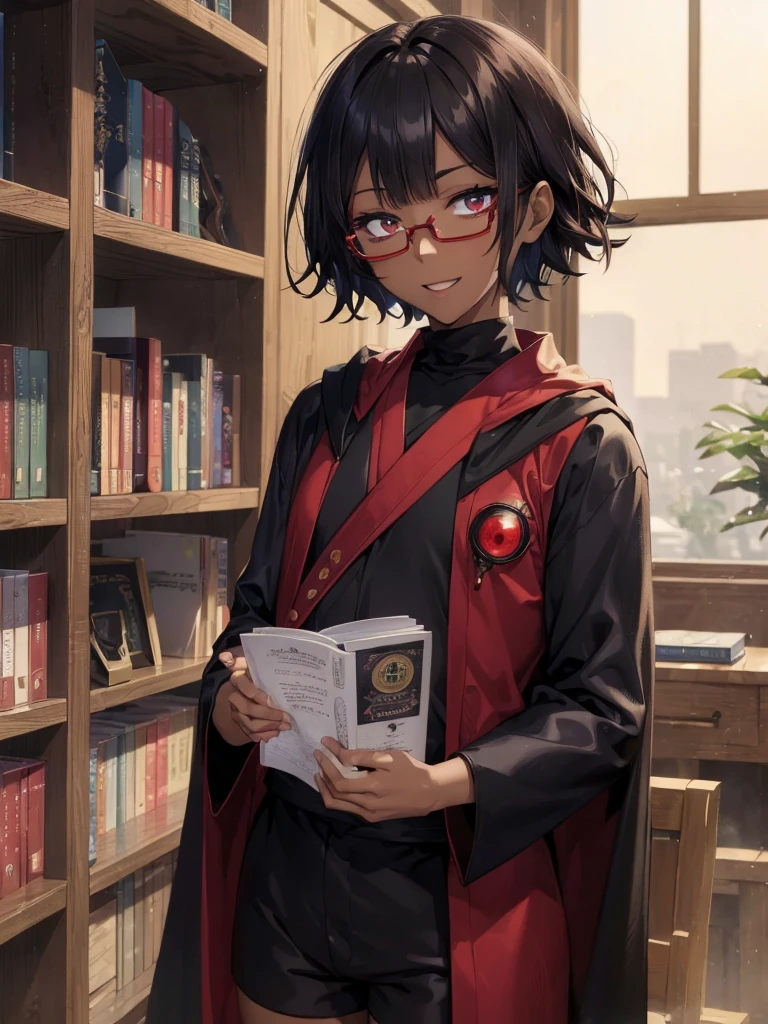 (masterpiece:1.2), highest quality, High resolution, unity 8k wallpaper, (fine and beautiful eyes), highly detailed face, Detailed CG,(boy wizard),(yukata),(blunt_bangs),,(evil smile),(black sleeveless turtleneck shirt in yukata), ,red bike shorts,(dark skin:1.3),neck tie,(very short hooded Cape),black hair,(red_eyes),glasses,very short hair,open mouth,library,(fantasy:1.5),have book,(sanpaku eyes:1.5)