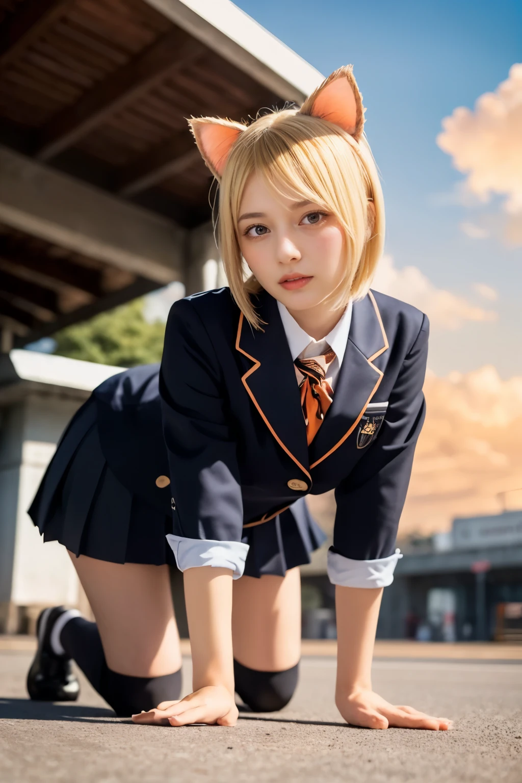 masterpiece, 4K, Bokeh,best quality, realistic, 

 (Bright Blonde hair:1.6), (ponytail:1.2),(Blushed face:1.3), (Plump breast:1.2),  (Cat ears:1.3), 
(all fours:1.6), (in bus station:1.3),
uniform, Beautiful girls, Group photo, Harem, Multiple Girls, Looking at the audience,

Vibrant colors, Detailed face, 

(Sundown railroad:1.2), (Orange beautiful sky and clouds:1.6)

BREAK (cute school uniform:1.3),



