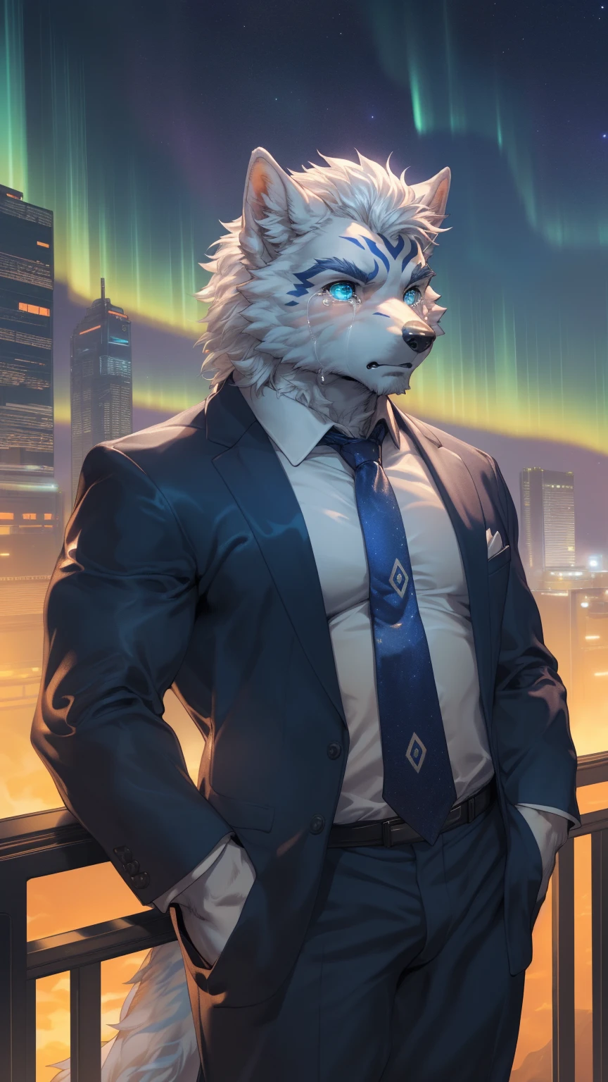 (By Empty Ghost, From thebigslick, By Dark Gem, Will chase), Keyuan Building (Onmyoji Daisenji Temple), High-quality photos, Perfect anatomical structure, Anthropomorphic white wolf, male, 20 years old, (wolf print), Thick eyebrows, Short hair, Strong body, Pectoralis major, White fur, Fat and strong body, Blue pupils, (Suit and tie), Small bump, An anthropomorphic white wolf in a suit and tie stands on the rooftop of a sci-fi city, Watching the Northern Lights in the night sky, Beautiful Aurora, (side, Look up at the sky, Sad expression, Tears shed:1.5), blush, Clear facial features, Strong, solitary, (Beautiful Aurora), Starlight, Future City, Cyberpunk, Sci-fi atmosphere, Vision, Full body portrait (By Empty Ghost, From wolf20, masterpiece, high quality, high resolution, 8k)