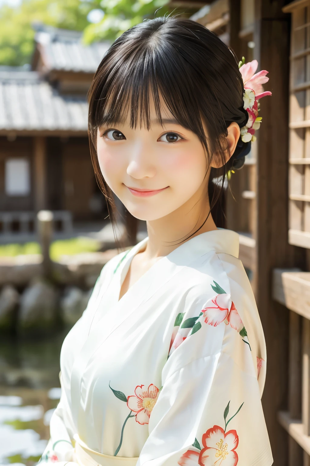 Realistic photos, Beautiful Eyes, A refreshing smile, Flowing black hair, Elegant kimono, Summer background, Light clothing, Calm expression, Soft lighting, Traditional Japanese art style, Vibrant colors, Peaceful atmosphere, Delicate features, Graceful posture