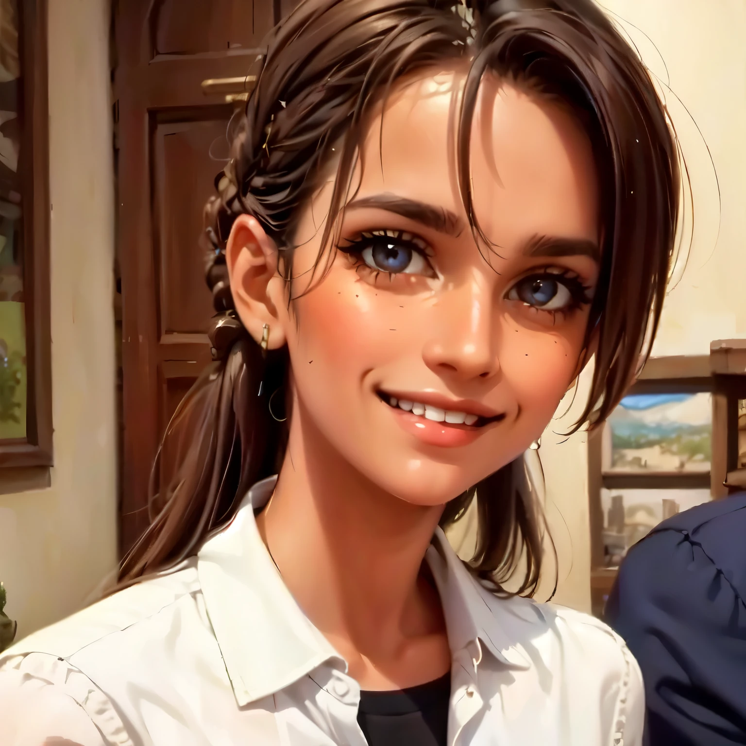 a smiling girl, beautiful detailed eyes, beautiful detailed lips, extremely detailed face, long eyelashes, intricate hairstyle, warm lighting, vibrant colors, detailed skin texture, photorealistic, 8k, high quality, cinematic lighting, masterpiece, portrait