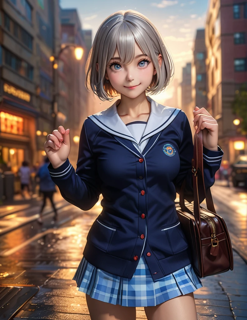 (masterpiece,best quality:1.4),(photo realistic:1.2), (cute, hdr, 32K, high details, perfect lighting, perfect anatomy), BREAK (shiny silver hair:1.2), (bob cut, bang between eyes, beautiful hair), (glossy silver eyes:1.5), (beautiful eyes, twinkle eyes, large eyes), (athlete body, large breasts), cute face, beautiful face, pretty face, beautiful, best quality, good anatomy, long eyelashes, expressive eyes, Perfect Hands, perfecteyes, BREAK cute school uniform, outerwear is (dark navy large cotton cardigan:1.5), closed front, long sleeves, (button-up:1.3), (dark navy tops:1.5), innerwear is white collared shirt, (light blue gingham plaid ribbon on neck), light blue gingham plaid pleated skirt, mini skirt, white socks, loafers, holding school bag, BREAK 1girl, at 10:00 O'clock, morning, raining, hand holding umbrella, city, cheer, smile, contrapposto, seductive eyes