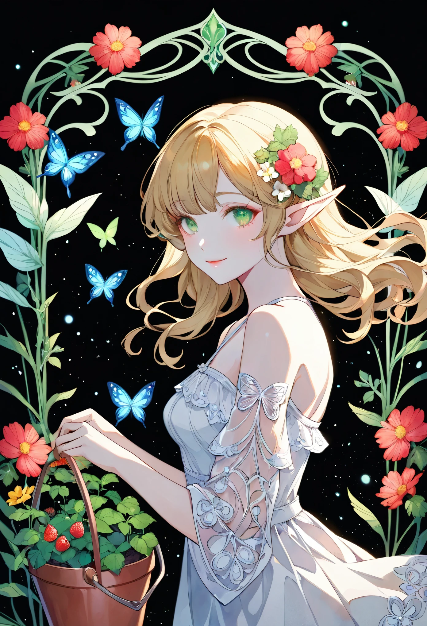 (art nouveau:1.25), Maximalism artstyle,neon theme,suprematism,beautiful detailed flower, beautiful detailed eyes,hyper detailed,flower,hyper quality,,eyes,flower and hair is same color,beautifuly color,face,her hair is becoming flower, flower,hair,flower,butterfly,,1girlkawaii,,high details, high quality,back light,hair and clothes is flower,upper body ,high quality,hair with body ,webbed dress, upper body, flower leg, flower hands,body with flower, flower with clothes , dress with flower, , light particles,black background, Hair with flower,small breast with flower,floating hair with flower,floating1girl,small breast, marbling with hair and clothes, looking at viewer,original,arm down, paper cutting, black background, flower forground, hair with flower,highres, hair with flower,hair with flower ,hair, wavy hair ,diffusion lighting, abstract,Butterfly with body, flower with hair, her hair is flower,big top sleeves, floating,pupils, [[hair over one eye]],dark SFW,masutepiece, Best Quality, High resolution, 1girl in, upper body, Details Girl, detail hands, Detail fingers, Detail Face, detail legs, 1girl in, elf, watercolor paiting, pale skin, Petite, Blonde hair, Long hair, Wavy Hair, Green eyes, tareme, medium breasts, white sundress, Bare back,flower wall panel background,looking at viewer,[[tears]],smile,queen bee,skylark,wild strawberries planted in a flowerpot,old hoe,old watering can