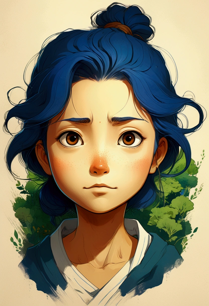 Create a character illustration where the lines are smooth, the expressions are rich, and the figure looks lifelike and full of spirit. For example, in the style of Miyazaki’s characters, where the details are vivid and expressive, or like a fine brush painting where every detail is meticulously captured, down to the individual strands of hair.