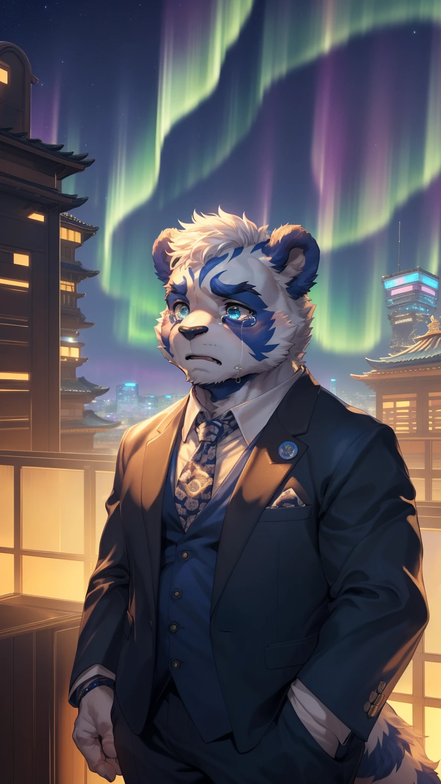 (By Empty Ghost, From thebigslick, By Dark Gem, Will chase), Keyuan Building (Onmyoji Daisenji Temple), High-quality photos, Perfect anatomical structure, Anthropomorphic panda, male, 20 years old, (panda print), Thick eyebrows, Short hair, Strong body, Pectoralis major, White fur, Fat and strong body, Golden pupils, (Suit and tie), Small bump, An anthropomorphic panda in a suit and tie stands on the roof of a high-rise building in a high-tech city, Watching the Northern Lights in the night sky, Beautiful Aurora, (side, Look up at the sky, Sad expression, Tears shed:1.5), blush, Clear facial features, Strong, solitary, (Beautiful Aurora), Starlight, Future City, Cyberpunk, Vision, Full body portrait (By Empty Ghost, From panda20, masterpiece, high quality, high resolution, 8k)