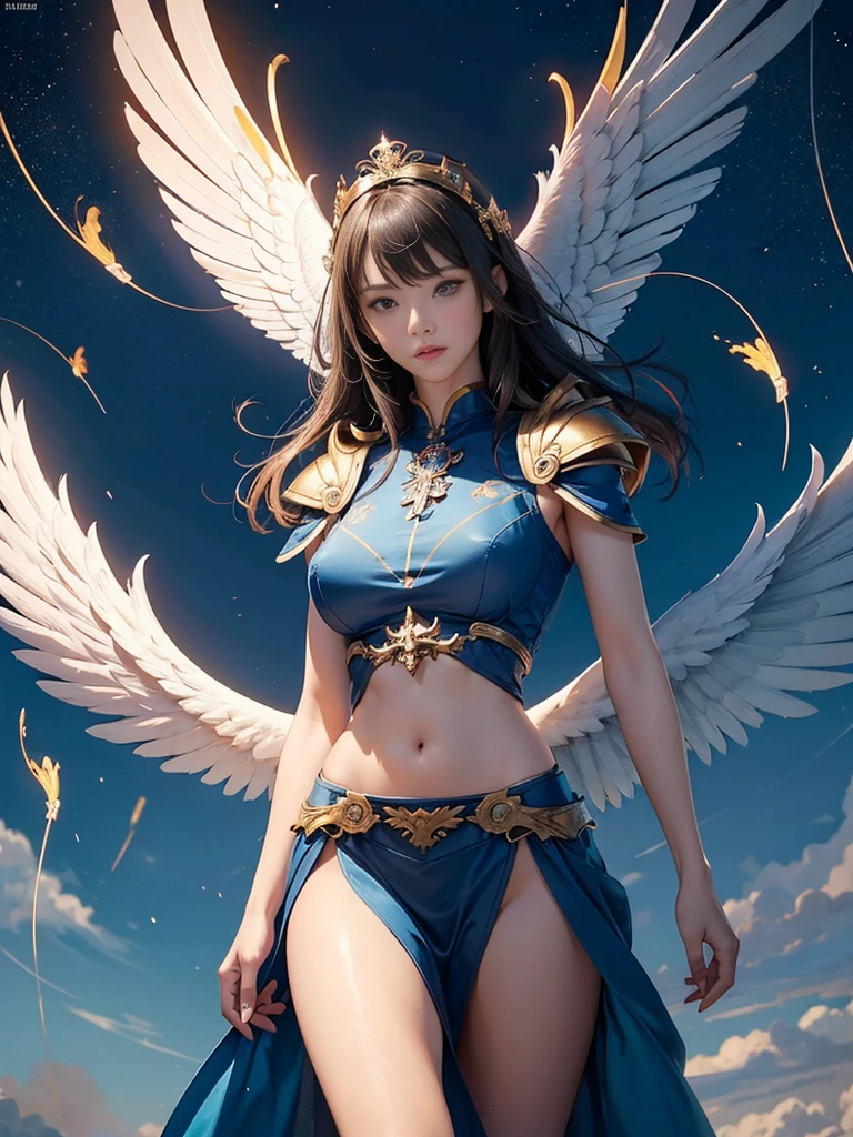 (masterpiece, highest quality, Realistic photos), ((Angel floating in the air;1.4)), A very cute Japanese woman, A complex copper and brass mechanical armor with a Hawk and eagle motif., Beautiful big angel wings, (The wings are symmetrically paired;1.5), ((Carrying an aura of bright blue flame)), White tone, A little bit of blue and red and yellow accents, Angel falling from the sky, floating in the sky, Extremely intricate details, Posing on the medieval castle walls at sunset, Long Shot, narrow body, hourglass body, medium breasts, thin waist, flat belly, Thin and beautiful thighs, beautiful legs,
