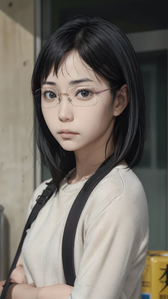 Kiyoko,black hair,mole under mouth,grey eyes,rimless eyewear,mole under eye,bangs,medium hair,