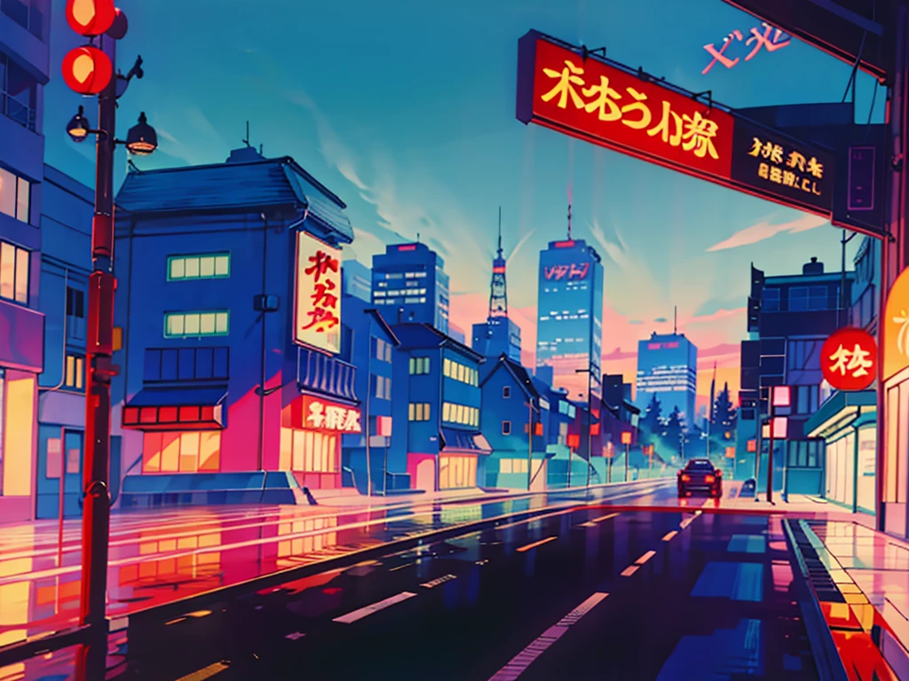 1990s Japanese landscapes for anime backgrounds、Scenery of downtown Tokyo、nostalgic、retro、Retro electronic furniture、Retro design、A touch like an old photograph、90s Anime、Japanese anime、Painted landscape、Ultra-realistic, 8k, masterpiece, neon lights, streets, market place, night, sundown, simple. beautiful. peaceful. No people. Contoured.