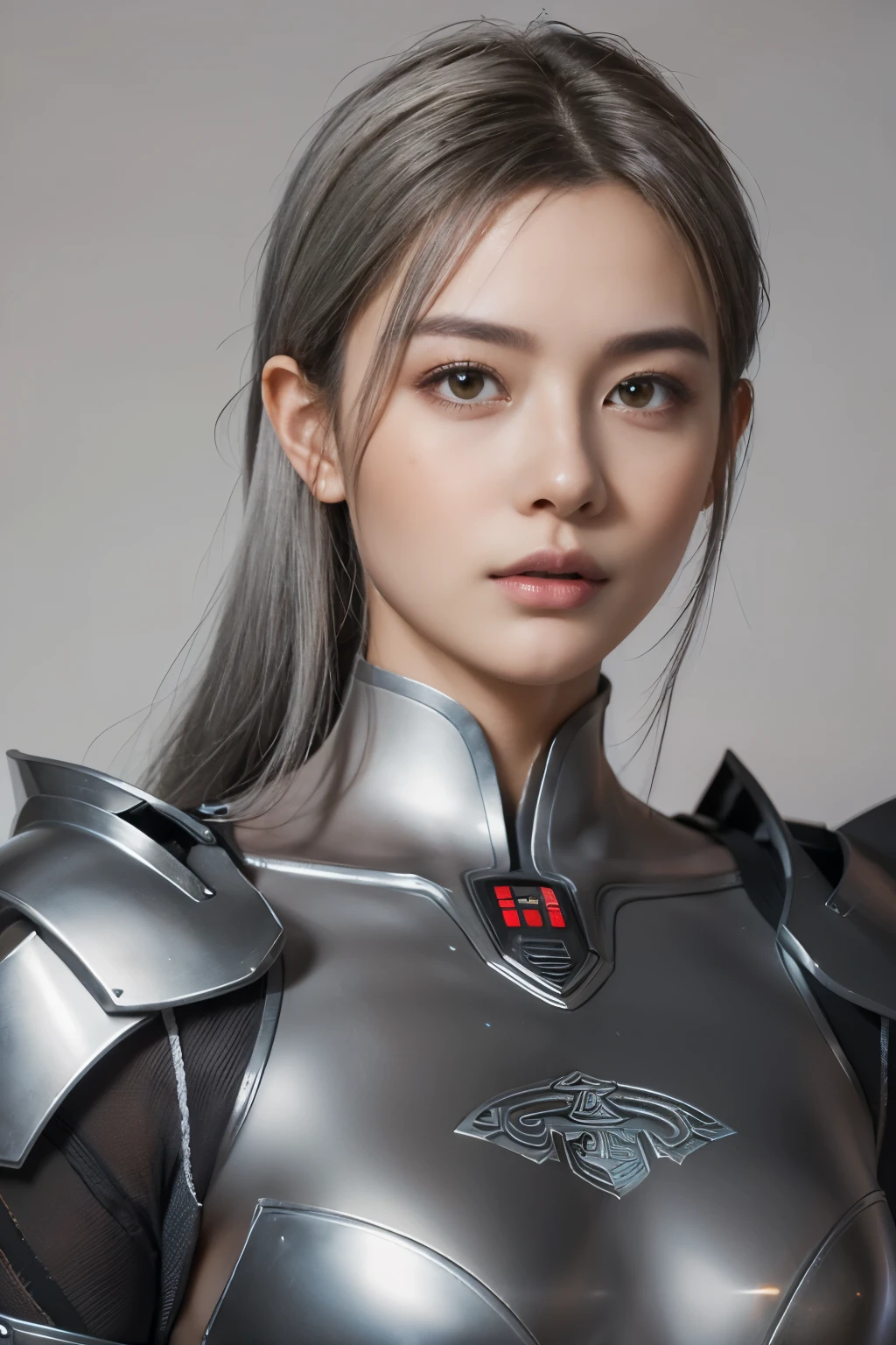 masterpiece,Game Art,Best picture quality,Maximum resolution,8K,(portrait),Unreal Engine 5 rendering works,(Digital photography),((portrait Feature:1.5)),
20-year-old girl,Short hair details,Long bangs,(The red eye makeup is carefully applied),(With long gray hair:1.4),(Large target, Full breasts),Elegant and noble,Brave and charming,
(The future armor combines the characteristics of ancient Chinese armor,hollow-carved design,Power Armor,Mysterious oriental runes,Exquisite clothing patterns,Magic Flash),Future Soldier,Cyberpunk Characters,War Background,
Movie Lighting，Ray Tracing，Game CG，(([3D Unreal Engine))，OC rendering reflection mode